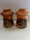 Pair of 1920s Hand-Painted Iridescent Marigold Glass Lamp Shades - Winter Scene