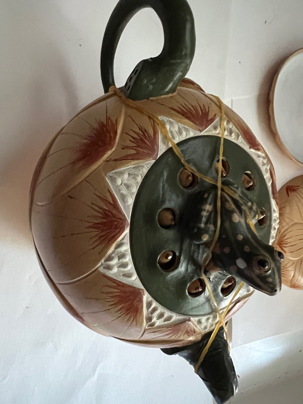 Vintage Yixing Frog on Lotus Teapot Set with 2 Cups & 4 Saucers in Original Silk Box