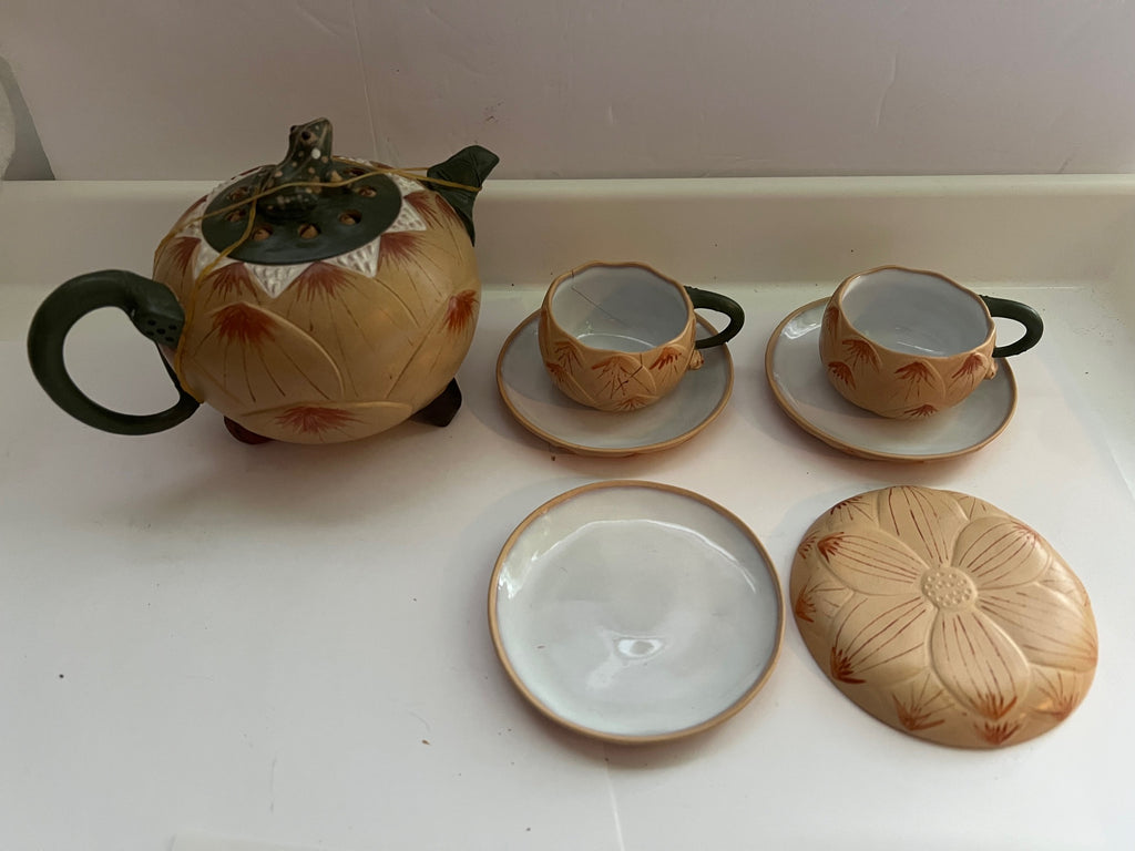 Vintage Yixing Frog on Lotus Teapot Set with 2 Cups & 4 Saucers in Original Silk Box