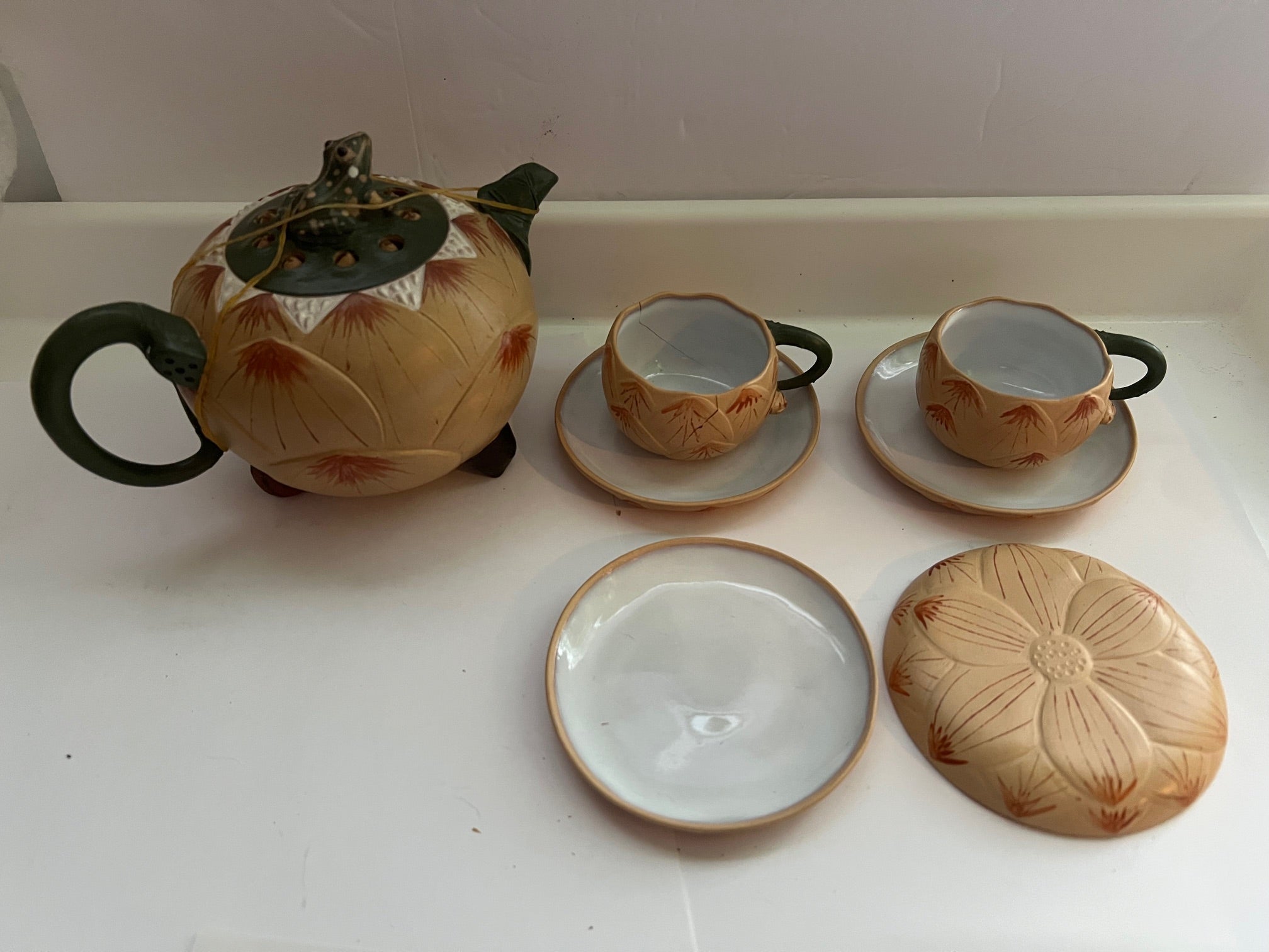 Vintage Yixing Frog on Lotus Teapot Set with 2 Cups & 4 Saucers in Original Silk Box