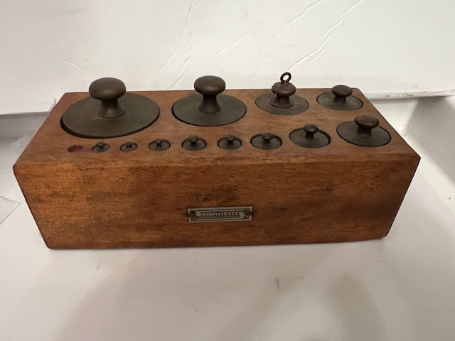 Vintage Sargent & Co. Brass Scale Weight Set in Wood Block
