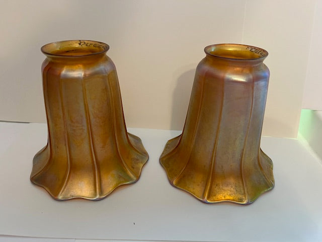 Pair of Signed Quetzal Gold Iridescent Art Glass Lamp Shades