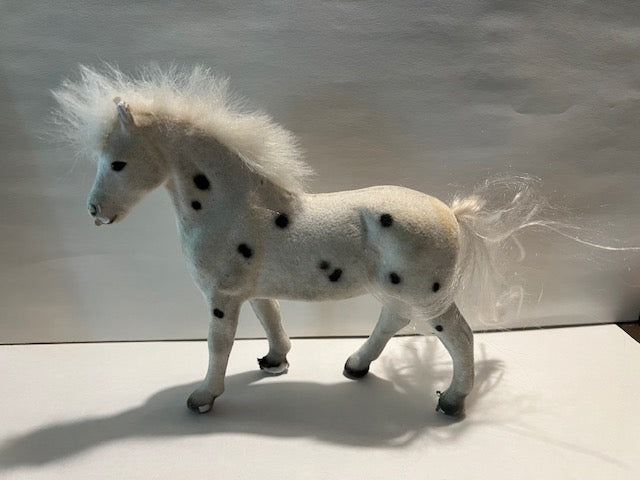 Vintage Flocked White Horse with Black Spots Figurine