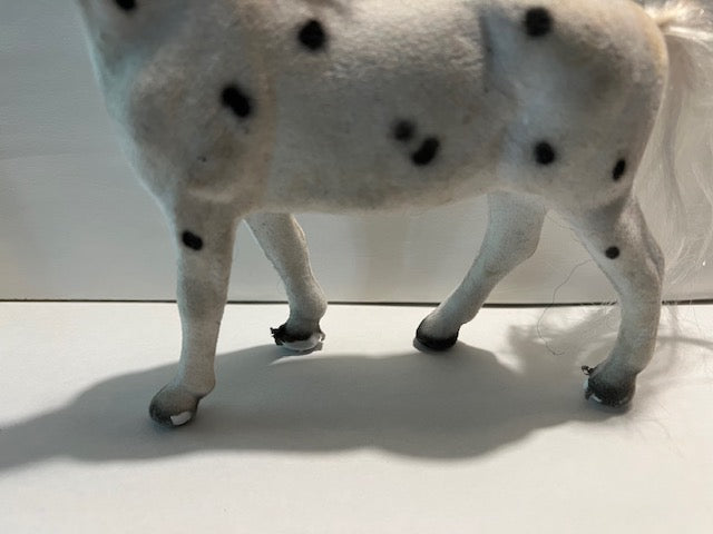 Vintage Flocked White Horse with Black Spots Figurine