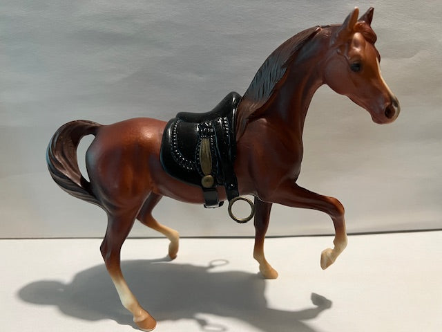 Vintage Breyer Matte Chestnut Horse with 4 White Socks, Black Saddle & Silver Stirrups