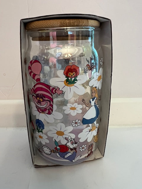 Disney Alice in Wonderland 16 oz Glass Tumbler with Bamboo Lid - New in Box
