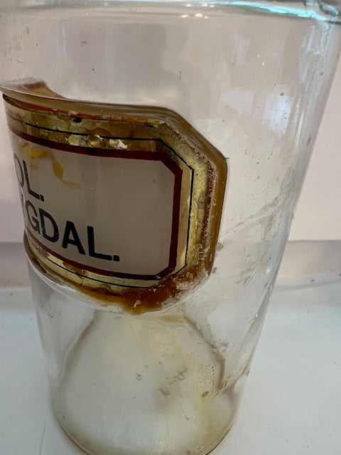 19th Century Antique Apothecary Pharmacy Bottle - "Ol. Amygdal" Label, JJ Insignia