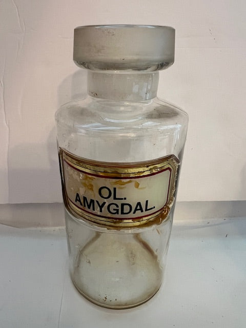 19th Century Antique Apothecary Pharmacy Bottle - "Ol. Amygdal" Label, JJ Insignia