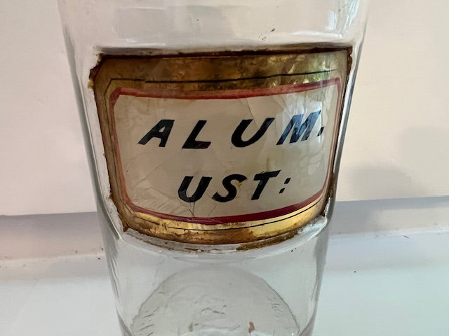 Antique Thompson Hand-Blown Apothecary Jar "Alum. Ust." with Metal Strainer