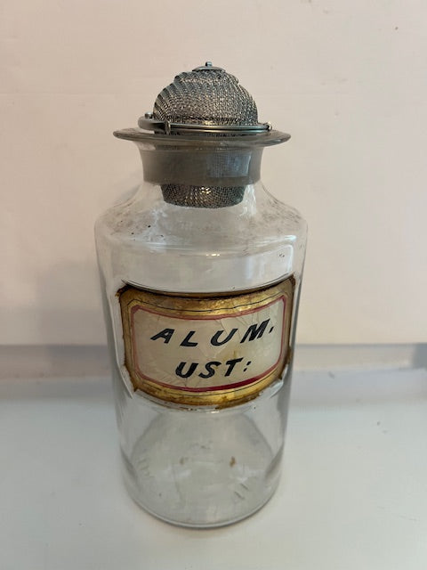 Antique Thompson Hand-Blown Apothecary Jar "Alum. Ust." with Metal Strainer