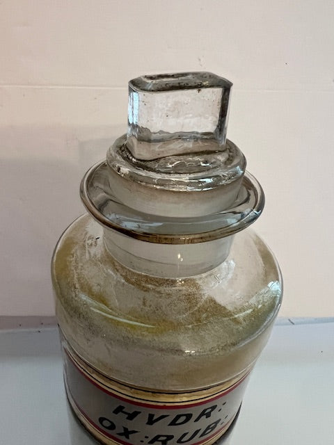 Vintage Apothecary Pharmacy Jar with Glass Stopper - "HYDR: OX: RUB:" Original Label