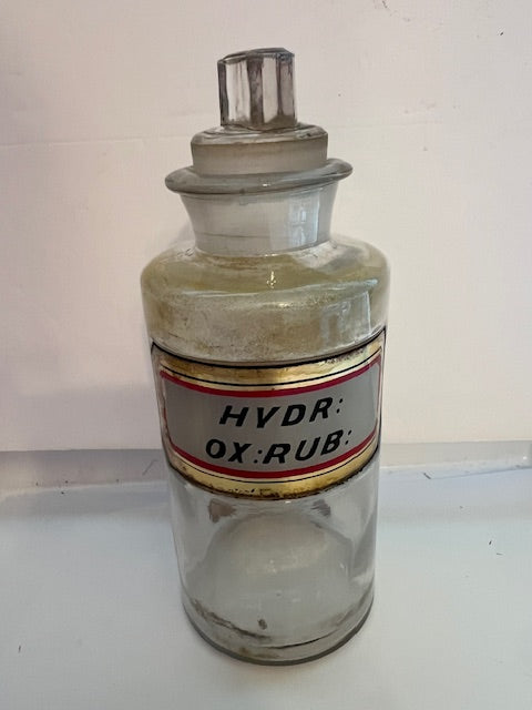 Vintage Apothecary Pharmacy Jar with Glass Stopper - "HYDR: OX: RUB:" Original Label