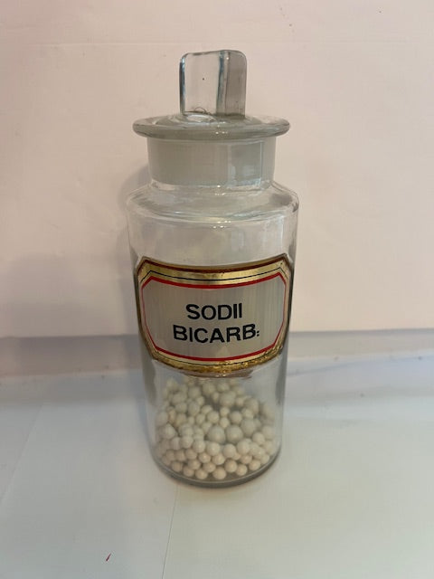 Antique Apothecary Jar with Stopper - "Sodii Bicarb" Recessed Gold & Red Label