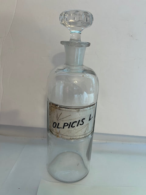 Antique Reverse Label Apothecary Pharmacy Bottle "OL. PICIS L" with Glass Stopper