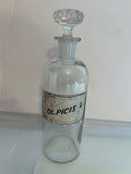 Antique Reverse Label Apothecary Pharmacy Bottle "OL. PICIS L" with Glass Stopper