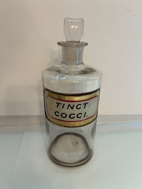 Antique c.1890 Apothecary Jar with Glass Stopper - "Tinct: Cocci" Gold Gilded Label