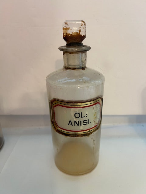 Antique Early 1900s Apothecary Pharmacy Bottle with Stopper - "OL: ANISI" Gold Gilt Label