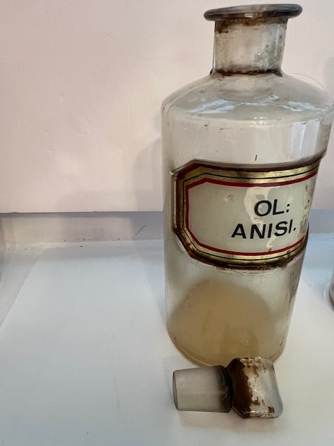 Antique Early 1900s Apothecary Pharmacy Bottle with Stopper - "OL: ANISI" Gold Gilt Label