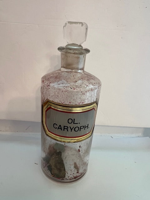 Antique Victorian Apothecary Bottle with Label Under Glass "OL. CARYOPH." (Clove Oil) & Stopper
