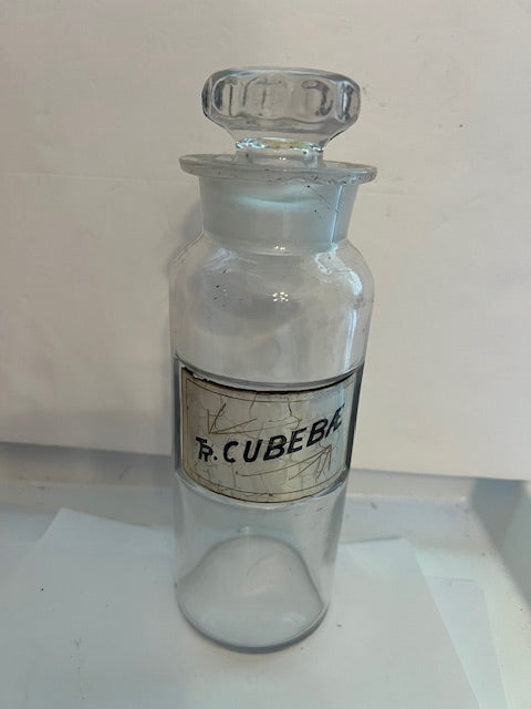 Antique 1890s-1900s Hand Blown Apothecary Bottle - Pv. Cubebae Recessed Gold Label with Stopper