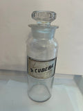 Antique 1890s-1900s Hand Blown Apothecary Bottle - Pv. Cubebae Recessed Gold Label with Stopper