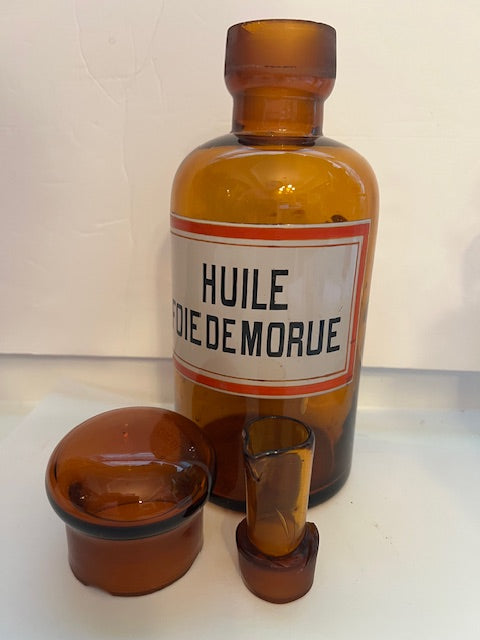 Antique Topaz Amber Apothecary Jar with Stopper & Pour Cup - "Huile Foie de Morue" c. 1880s-1900s