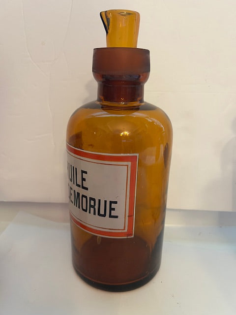 Antique Topaz Amber Apothecary Jar with Stopper & Pour Cup - "Huile Foie de Morue" c. 1880s-1900s