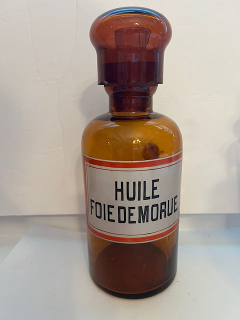 Antique Topaz Amber Apothecary Jar with Stopper & Pour Cup - "Huile Foie de Morue" c. 1880s-1900s