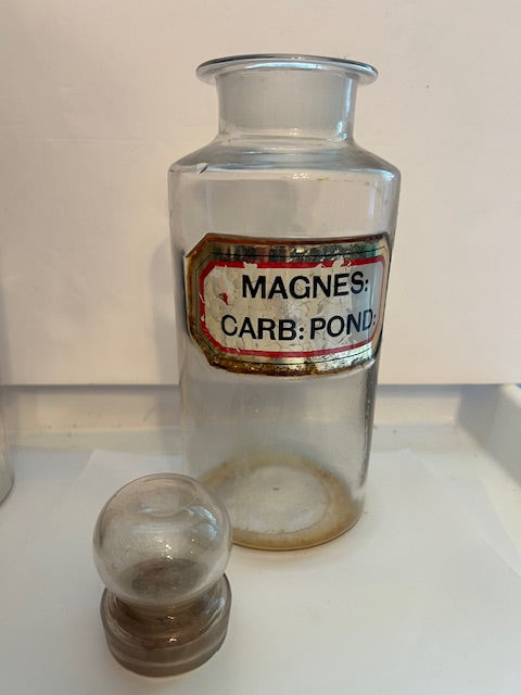 Vintage Apothecary Jar with Hand-Blown Bubble Stopper - 'Magnes Carb: Pond' Label