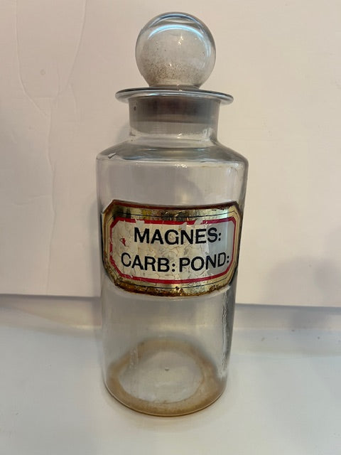 Vintage Apothecary Jar with Hand-Blown Bubble Stopper - 'Magnes Carb: Pond' Label