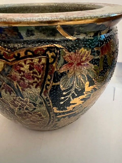 Pair of Vintage Chinese Satsuma-Style Ceramic Koi Fish Planters / Bowls
