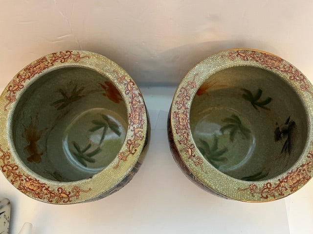 Pair of Vintage Chinese Satsuma-Style Ceramic Koi Fish Planters / Bowls