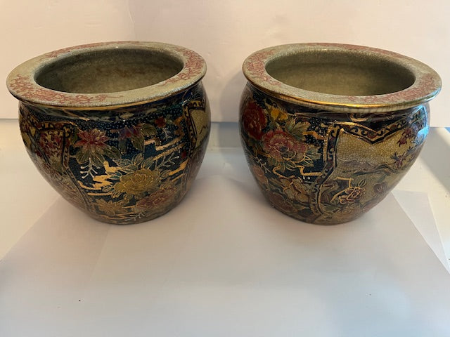 Pair of Vintage Chinese Satsuma-Style Ceramic Koi Fish Planters / Bowls