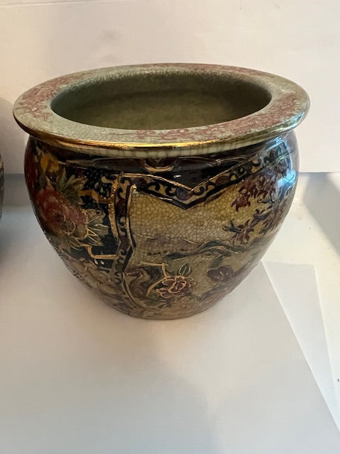 Pair of Vintage Chinese Satsuma-Style Ceramic Koi Fish Planters / Bowls