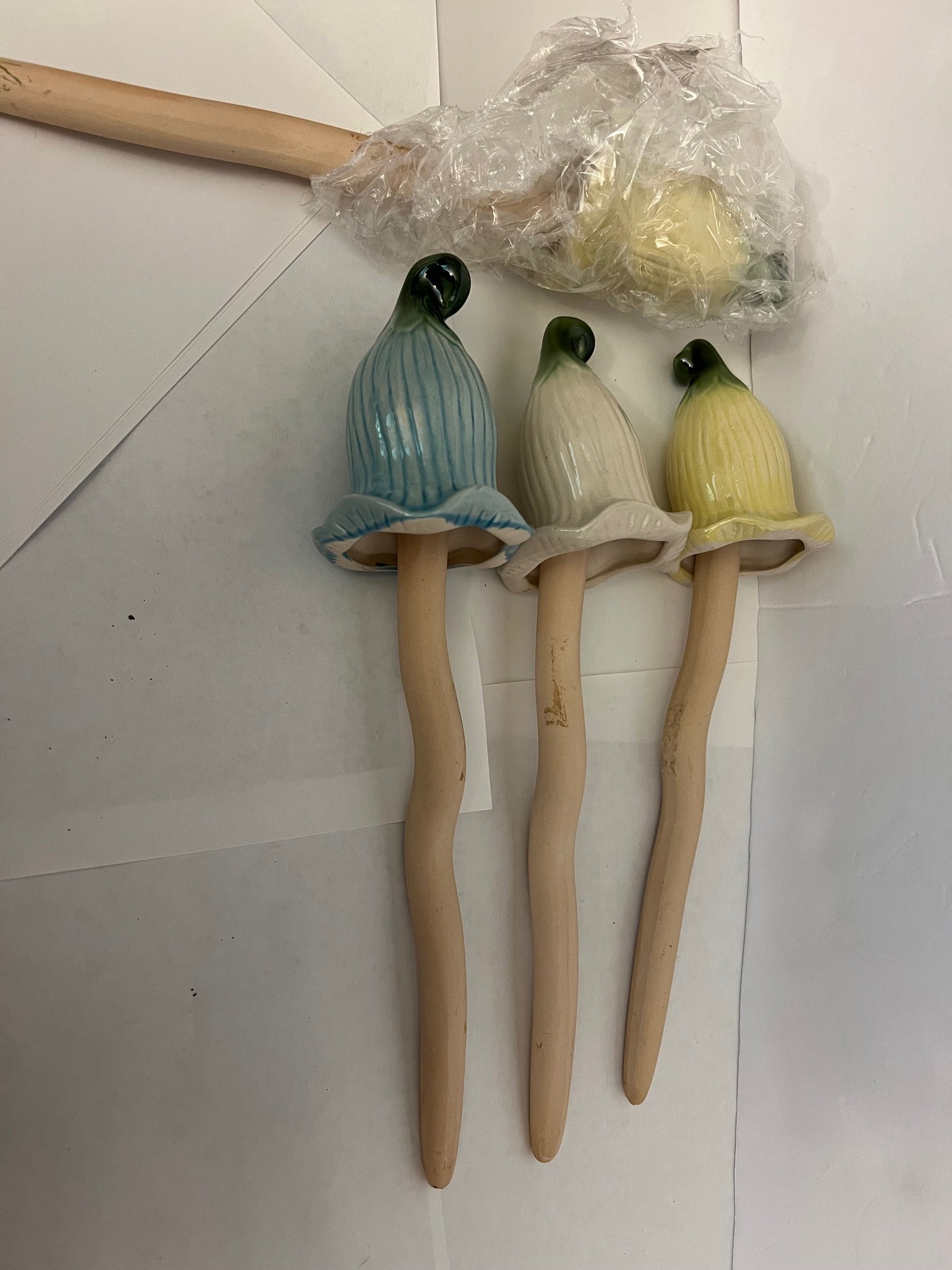 Handmade Ceramic Garden Bell Stakes - Set Options (Yellow, Off-White, Light Blue)