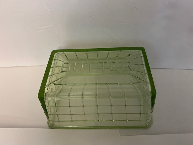 Rare Vintage 1930s Anchor Hocking Block Optic Green Depression Glass Butter Dish