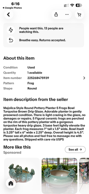 Vintage Majolica-Style Ceramic Frog Planter Bowl with 5 Frogs