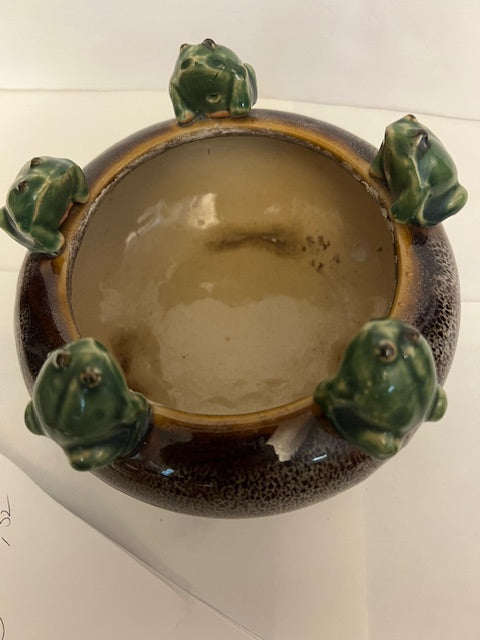 Vintage Majolica-Style Ceramic Frog Planter Bowl with 5 Frogs