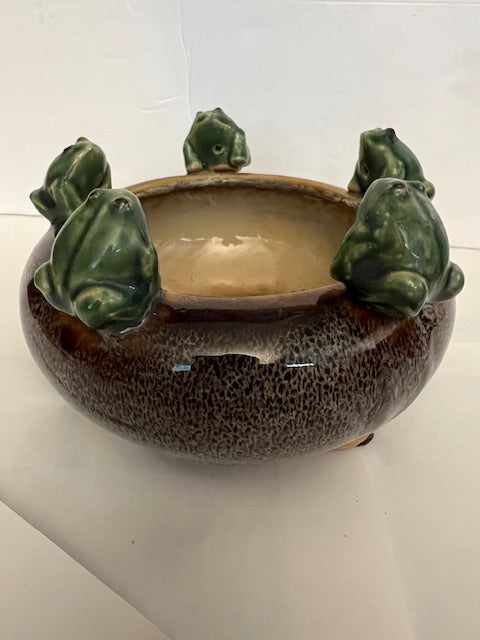 Vintage Majolica-Style Ceramic Frog Planter Bowl with 5 Frogs