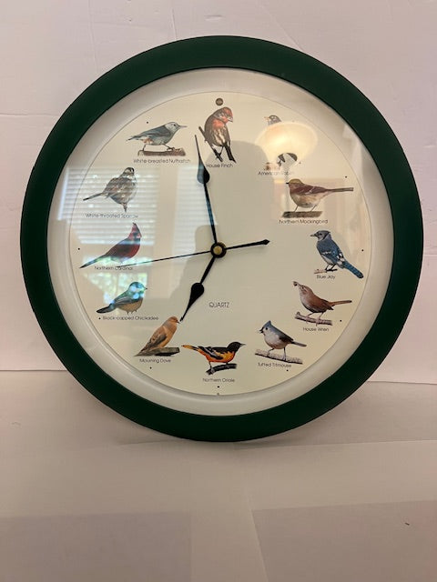 Singing Bird Wall Clock - 13" Green Frame, 12 Bird Songs