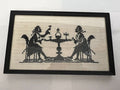 Vintage Framed Linen Needlepoint Cross Stitch Picture - Silhouette Couple at Table