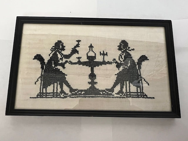Vintage Framed Linen Needlepoint Cross Stitch Picture - Silhouette Couple at Table