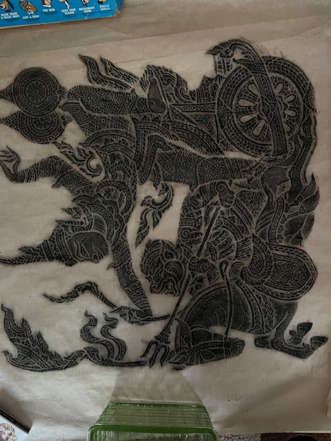 Vintage 1960s Thai Temple Rubbing \u2013 Woman on Chariot, 23" x 20.5"