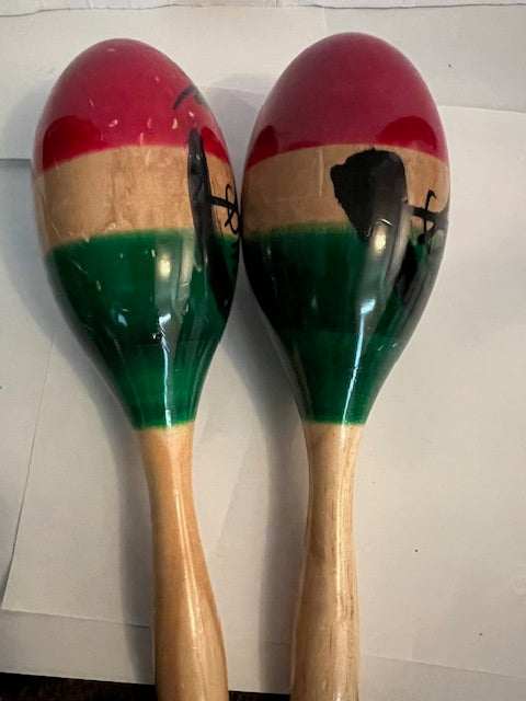 Vintage Hand-Painted Wood Maracas - Set of 2, Made in Mexico