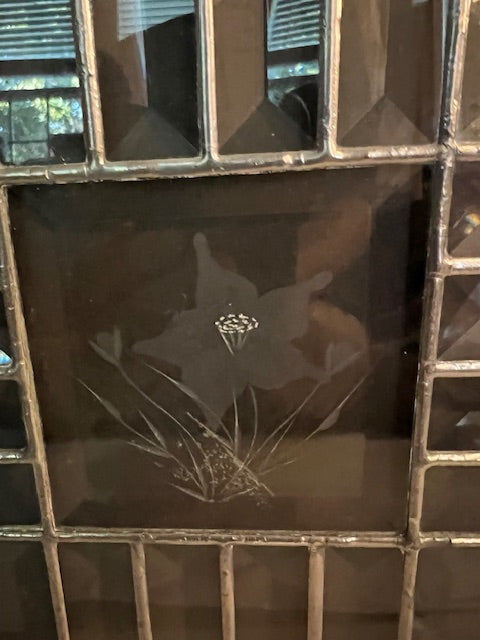 Beveled Stained Glass Hanging Window Panel with Etched Floral Design, 12x12