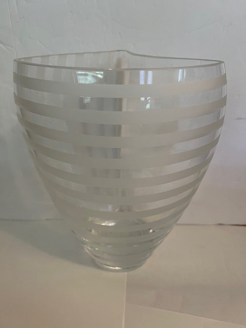 KROSNO Poland Etched Sandblasted Striped Glass Vase - 9.5" Tall, Mint