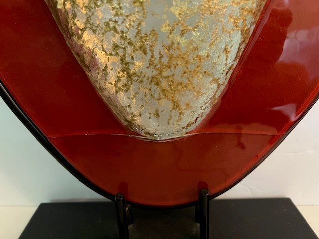 Red & Gold Blown Art Glass Vase on Black Stand - 20" Tall
