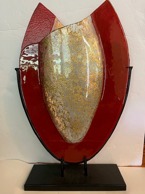 Red & Gold Blown Art Glass Vase on Black Stand - 20" Tall