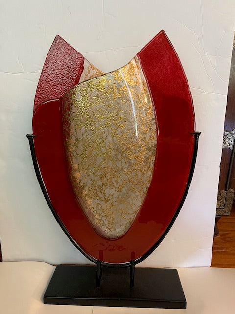 Red & Gold Blown Art Glass Vase on Black Stand - 20" Tall
