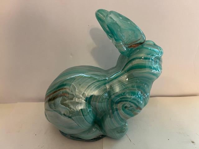 Diamond Star Aqua Swirl Glass Bunny Figurine with Gold Glitter